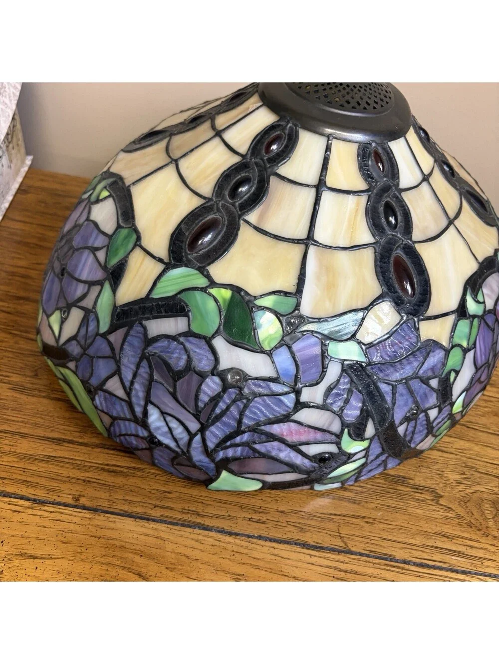 Tiffany Style Stained Glass Lamp Shade 18” Purple Floral Needs Repair